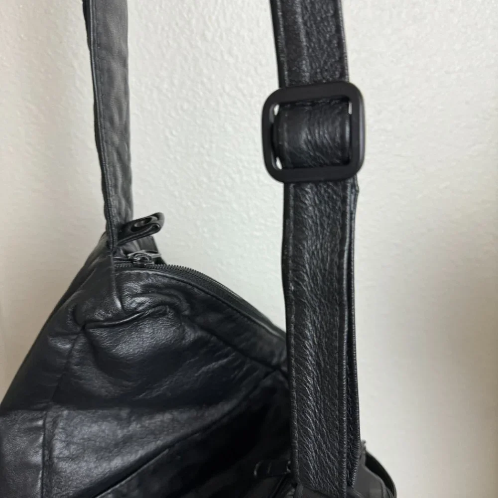 Vintage Black Leather Large Crossbody Sling Bag Organizer  Messenger Travel